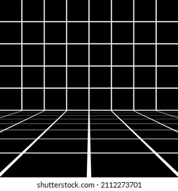 Black Interior Background With Symmetrical Lines Grid Texture In Diminishing Perspective View. Tiling Floor And Wall In Abstract Empty Room. 