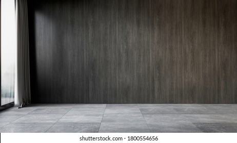 Black Interior With Wood Wall Panel And Gray Tile Stone Floor. 3d Render Illustration Mock Up.