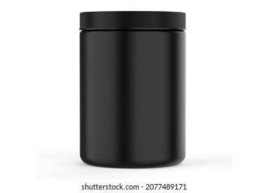 Black Jar matte plastic jar with lid for sport powder - protein, vitamins, bcaa, tablets photo-realistic packaging mockup 3d illustration