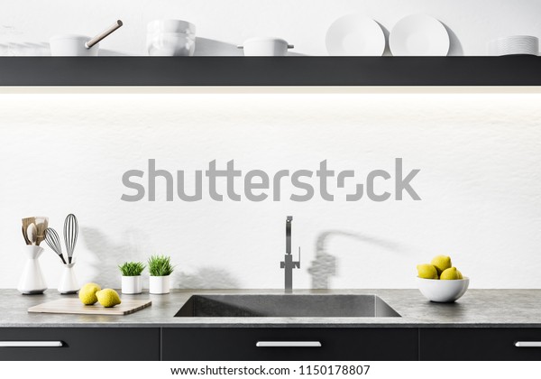 Black Kitchen Countertop Built Sink Pots Stock Illustration 1150178807