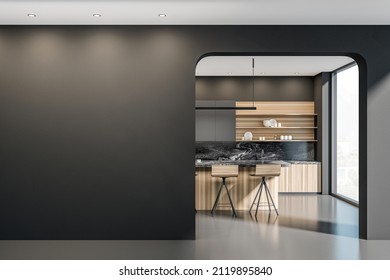 Black Kitchen Interior With Bar Seats And Table On Grey Concrete Floor, Front View, Window With Countryside. Wooden Kitchen Set And Kitchenware. Copy Space Empty Wall, 3D Rendering