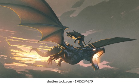 the black knight riding the dragon flying in the sunset sky, digital art style, illustration painting