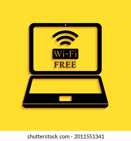 Black Laptop And Free Wi-fi Wireless Connection Icon Isolated On Yellow Background. Wireless Technology, Wi-fi Connection, Network, Hotspot Concepts. Long Shadow Style..