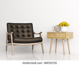 Black Leather Armchair And Side Table Against Of White Wall Isolated 3d Rendering