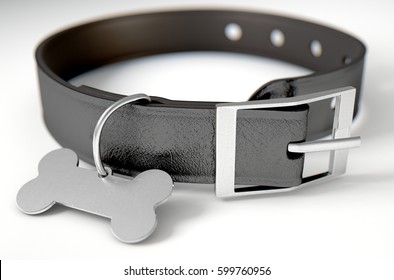 A Black Leather Dog Collar With A Steel Bone Shaped Identification Tag Isolated On A White Studio Background - 3D Render