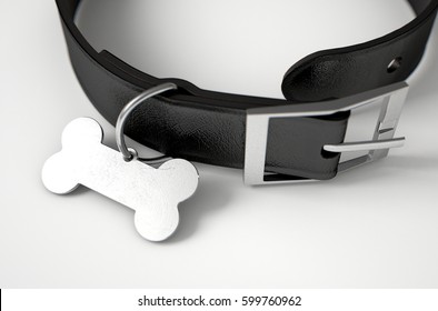 A Black Leather Dog Collar With A Steel Bone Shaped Identification Tag Isolated On A White Studio Background - 3D Render