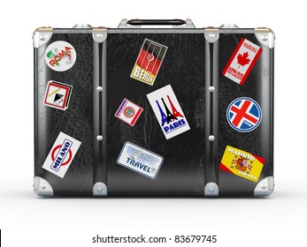 Black Leather Suitcase With Travel Stickers. 3d