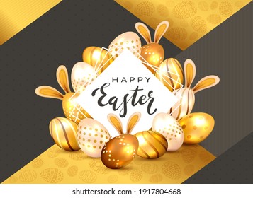 Black lettering Happy Easter on white card and set of golden Easter eggs with bunny ears on holiday black and gold background. Illustration with Easter rabbit can be used for holiday design and cards.