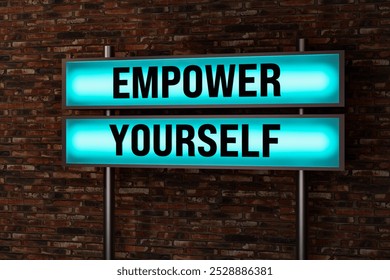 Black letters on a blue illumintaed light box, red brick wall. Yes you can, motivation, encouragement, advice. 3D illustration - Powered by Shutterstock