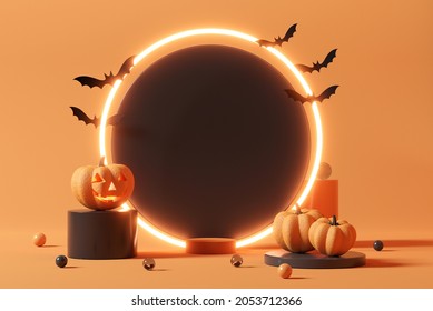 Black Light Circle Background For Halloween, 3d Rendering, Smiling Pumpkin Character With Bat On Geometric Shape, Space For Promotion Halloween Day.