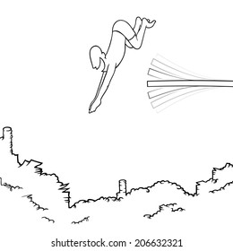 Black Line Art Illustration Of A Man Diving Off A Diving Board Into A Big Pile Of Money.