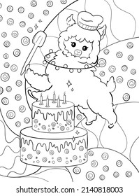 Black line coloring book pages cute pretty kawaii little llama alpaca baking cake pie sweet smiling love for kids children activity relax therapy hobby home kindergarten minimal white background fun