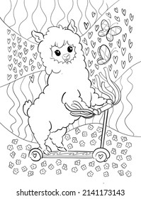Black line coloring book pages cute pretty kawaii little llama alpaca watering cactus flower smiling love for kids children activity relax therapy hobby home kindergarten minimal white background fun