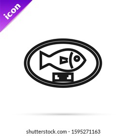 Black Line Fish Trophy Hanging On The Board Icon Isolated On White Background. Fishing Trophy On Wall.  