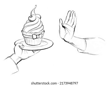 Black line pencil drawn waiter arm hold cheat attract danger health tempt decept dish plate bake fast fat junk pie snack lunch cafe male kid child white sweet sugar сherry bakery habit sign sketch art - Powered by Shutterstock