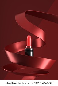 black lipstick red cream texture in the abstract sculpture red sway curve, abstract cosmetic background for ads branding and product presentation. 3d rendering