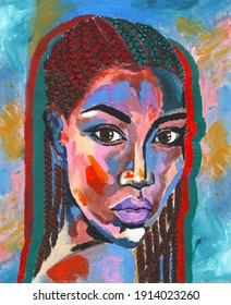 Black Lives Matter. African Woman  Portrait Pop Art Style Picture. African Woman Painting. Hand Drawn African Woman In Street Style Oil On Canvas