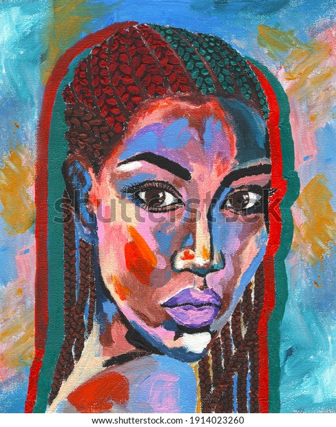 Black lives matter. African woman  portrait\
pop art style picture. African woman painting. Hand drawn african\
woman in street style oil on\
canvas