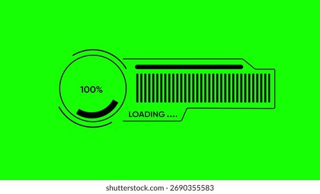 Black Loading Bar and Circle At 100 Percent On Green Screen progress