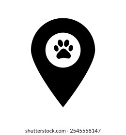 Black location pin marker with white paw print inside circle, perfect for pet services, veterinary clinics, animal tracking apps, and pet-friendly location mapping. - Powered by Shutterstock