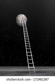 Black Long Ladder Leading To The Moon In Dark Universe