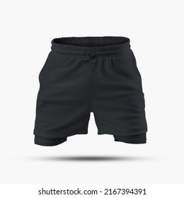 Black Loose Sport Shorts Mockup With Compression Line, 3D Rendering, Isolated On Background, Front View. Template Of Men's Clothing For Sports In The Lining.