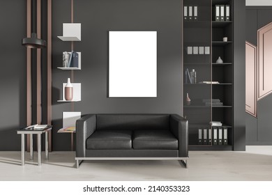 Black Lounge Room Interior With Sofa And Coffee Table In Business Office, Shelf With Decoration And Folders On White Hardwood Floor. Mockup Canvas Poster. 3D Rendering