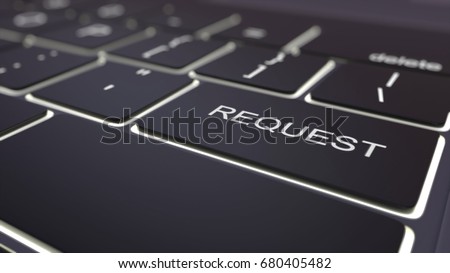 Black luminous computer keyboard and request key. Conceptual 3D rendering