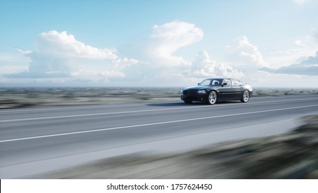 Black Luxury Car On Road, Highway. Daylight. Very Fast Driving. 3d Rendering.