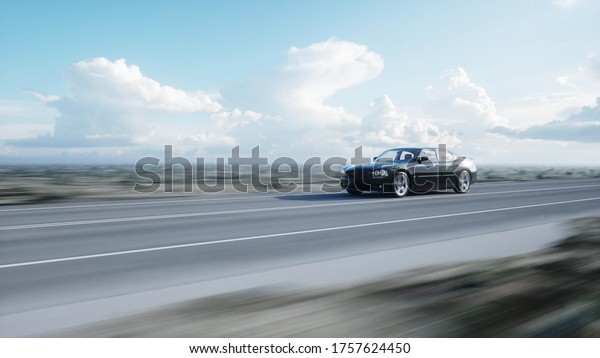 Black luxury car on road, highway. Daylight.\
Very fast driving. 3d\
rendering.