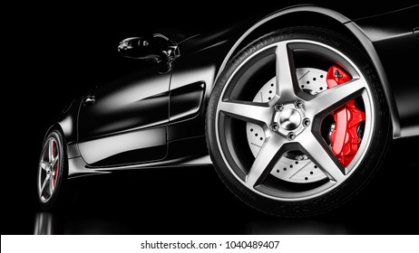Black luxury car in studio lighting. Closeup wheel shot. 3d render