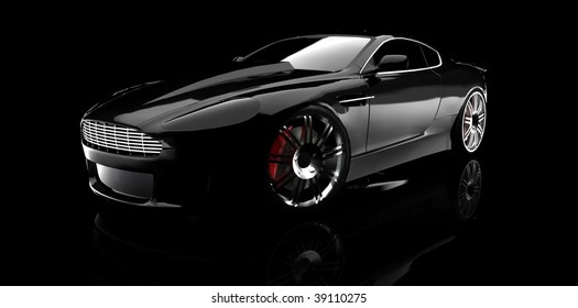 Black Luxury Dream Sports Car / Sportscar In Studio Isolated On Black With Reflection And Copy Space