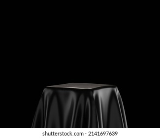 Black luxury fabric podium pedestal empty presentation product 3d backdrop of show silk stand studio scene background or abstract space elegant display and table showcase platform on dark room stage.