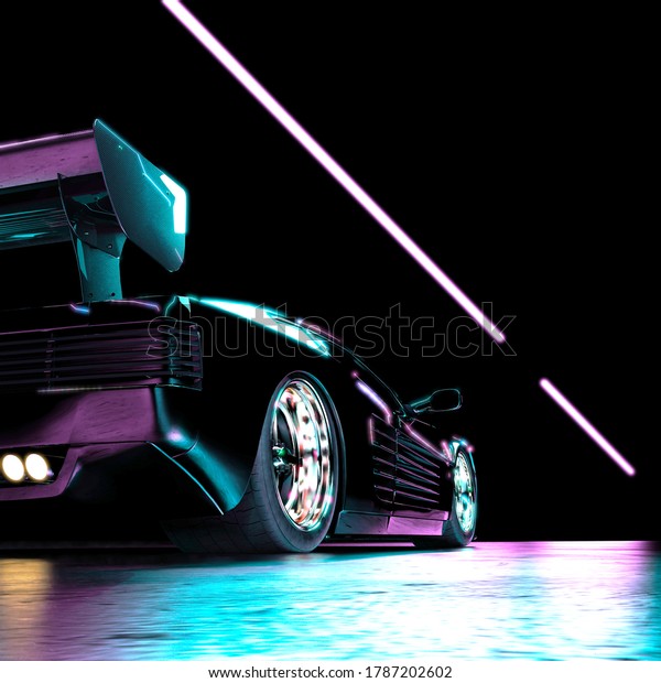 Black Luxury Futuristic Sports Car\
Drives on Neon Illuminated Road at Night. 3D\
Rendering.