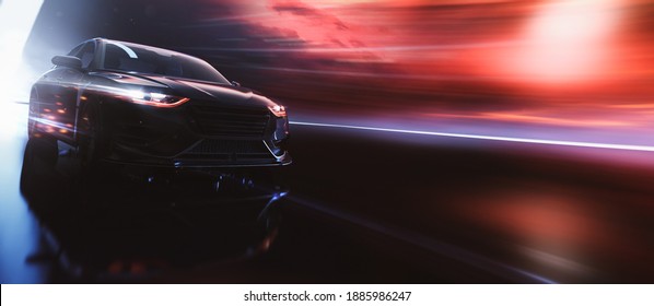 Black luxury sedan car speeding (non-existent car design, full generic) - 3d illustration, 3d render