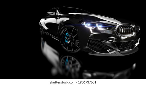 schwarzer Luxussportwagen auf dunklem Hintergrund. 3D-Rendering.