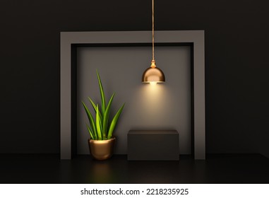 Black Luxury Stage, Podium Pedestal Dark Wall With Frame, Ceiling Lamp. Mockup, Template, Photo Frame. Flowerpot.  Bookshelf On Black Background Or Texture In Bookstore. Copy Space. Loft. 3d Render