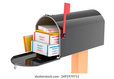 Black Mailbox with parcels, 3D rendering isolated on white background  
