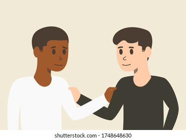 Black man and white man touch each other's shoulder, stop racist concept	