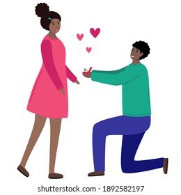 A black man and black woman are in love. Guy with engagement ring standing on one knee makes a proposal of marriage. African American couple engaged. Flat style. Isolated on a white background. - Powered by Shutterstock