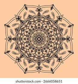 Black mandala pattern on a light brown background, featuring floral motifs, leaves, and paisley shapes arranged in concentric layers, creating a symmetrical and intricate design.