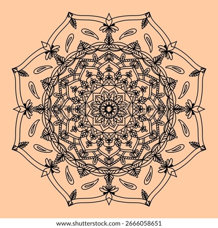 Black mandala pattern on a light brown background, featuring floral motifs, leaves, and paisley shapes arranged in concentric layers, creating a symmetrical and intricate design.