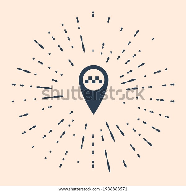 Black Map pointer with taxi icon\
isolated on beige background. Abstract circle random\
dots