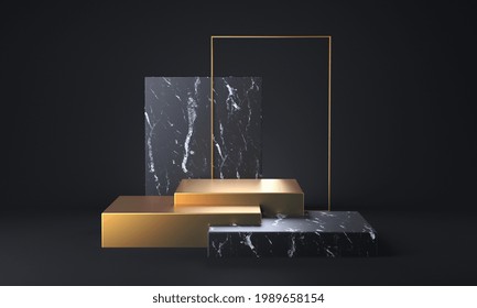 Black Marble And Gold Pedestal Steps On Black Backgrond. 3d Rendering