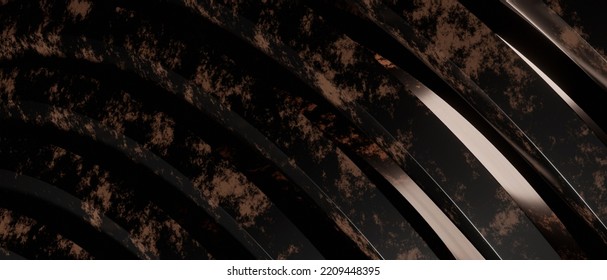 Black Marble Metallic Style Abstract Minimal Wavy Or Curve Lines Architecture Design Black With Brown Spot Background Smooth Texture, 3D Illustration