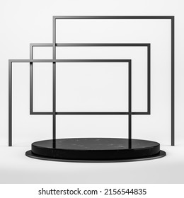 Black Marble Platform And Line Frame. Minimalist Mockup For Product Display, Advertising Goods. Product Presentation, Mock Up Copy Space. 3D Rendering