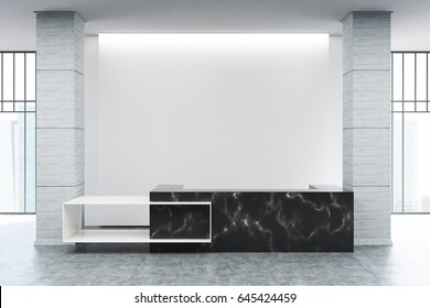 Black Marble Reception Counter Of An Original Construction Is Standing Near A Blank White Wall In An Office Hall. 3d Rendering, Mock Up