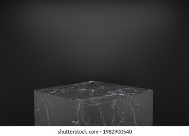 Black Marble Square Product Stand With Black Background. 3D Rendering