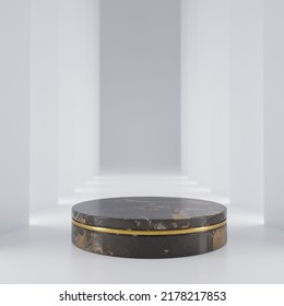 Black Marble Stand With Gold Trim. Species Room For Demonstration. Granite With Gold Veins, 3d Rendering