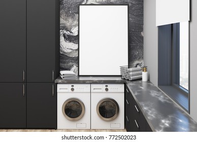 Black Marble Washroom Interior With Black Marble Walls, Two Washing Machines, And Black Closets And Countertops. A Poster. 3d Rendering Mock Up